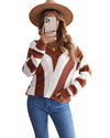 Brown Striped Colorblock V Neck Knitted Sweater - M