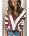 Brown Striped Colorblock V Neck Knitted Sweater - M