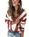 Brown Striped Colorblock V Neck Knitted Sweater - M
