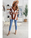 Brown Striped Colorblock V Neck Knitted Sweater - M