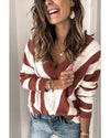 Brown Striped Colorblock V Neck Knitted Sweater - M