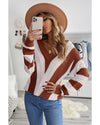 Brown Striped Colorblock V Neck Knitted Sweater - M