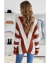 Brown Striped Colorblock V Neck Knitted Sweater - M