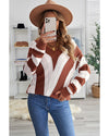 Brown Striped Colorblock V Neck Knitted Sweater - M