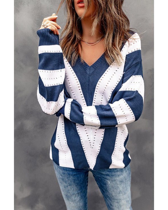 Blue Striped Colorblock V Neck Knitted Sweater - L