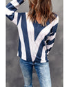 Blue Striped Colorblock V Neck Knitted Sweater - L