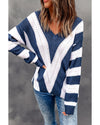 Blue Striped Colorblock V Neck Knitted Sweater - S