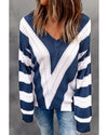 Blue Striped Colorblock V Neck Knitted Sweater - S