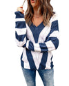 Blue Striped Colorblock V Neck Knitted Sweater - S