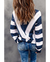 Blue Striped Colorblock V Neck Knitted Sweater - XL