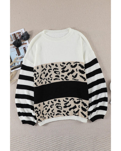 Slouchy Drop-shoulder Leopard Striped Colorblock Sweater - S