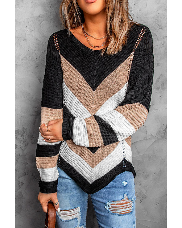 Black Chevron Colorblock Knit Sweater - S