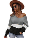 Gray Colorblock V Neck Sweater - 2XL