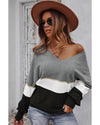 Gray Colorblock V Neck Sweater - 2XL