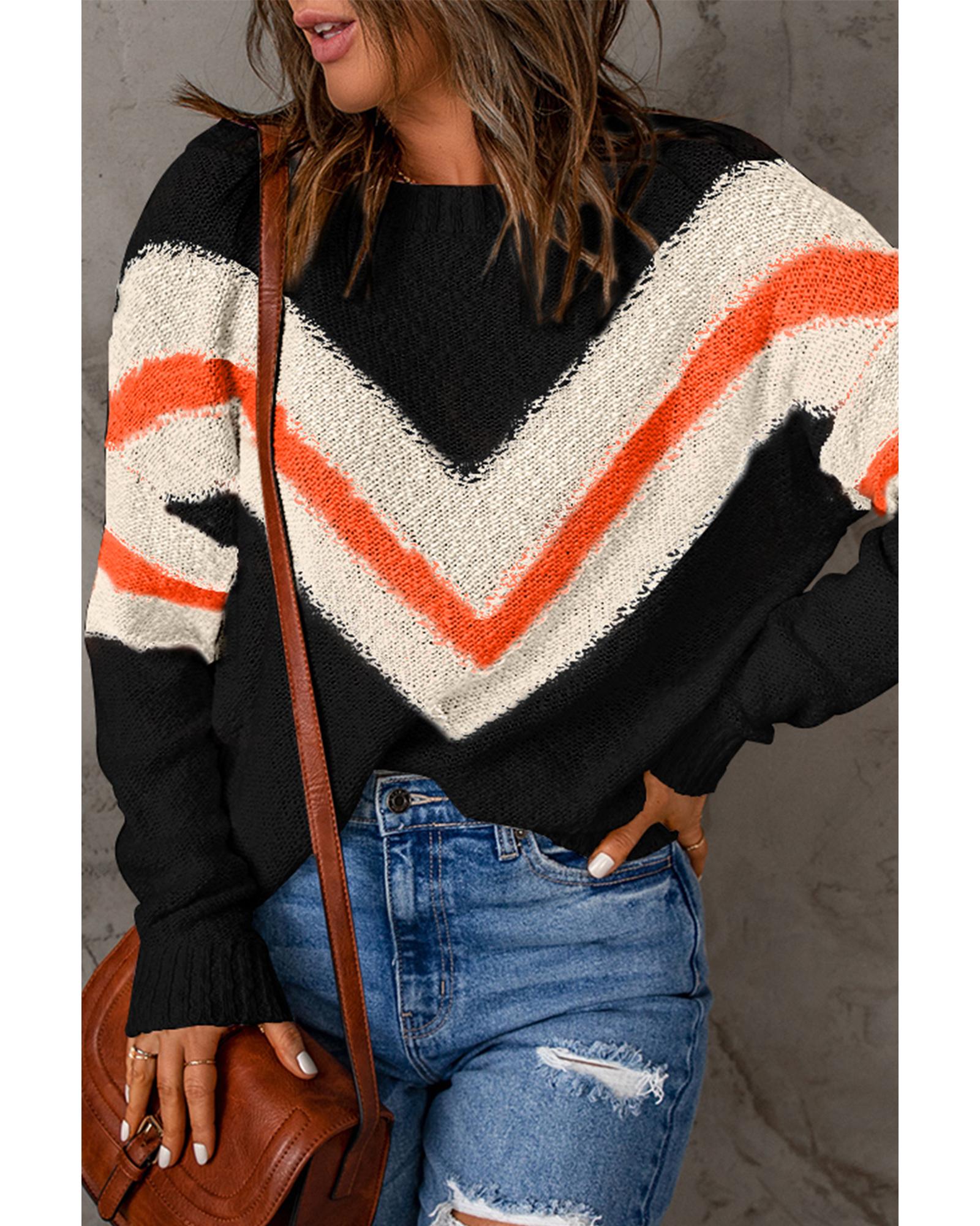Black Chevron Striped Drop Shoulder Sweater - L