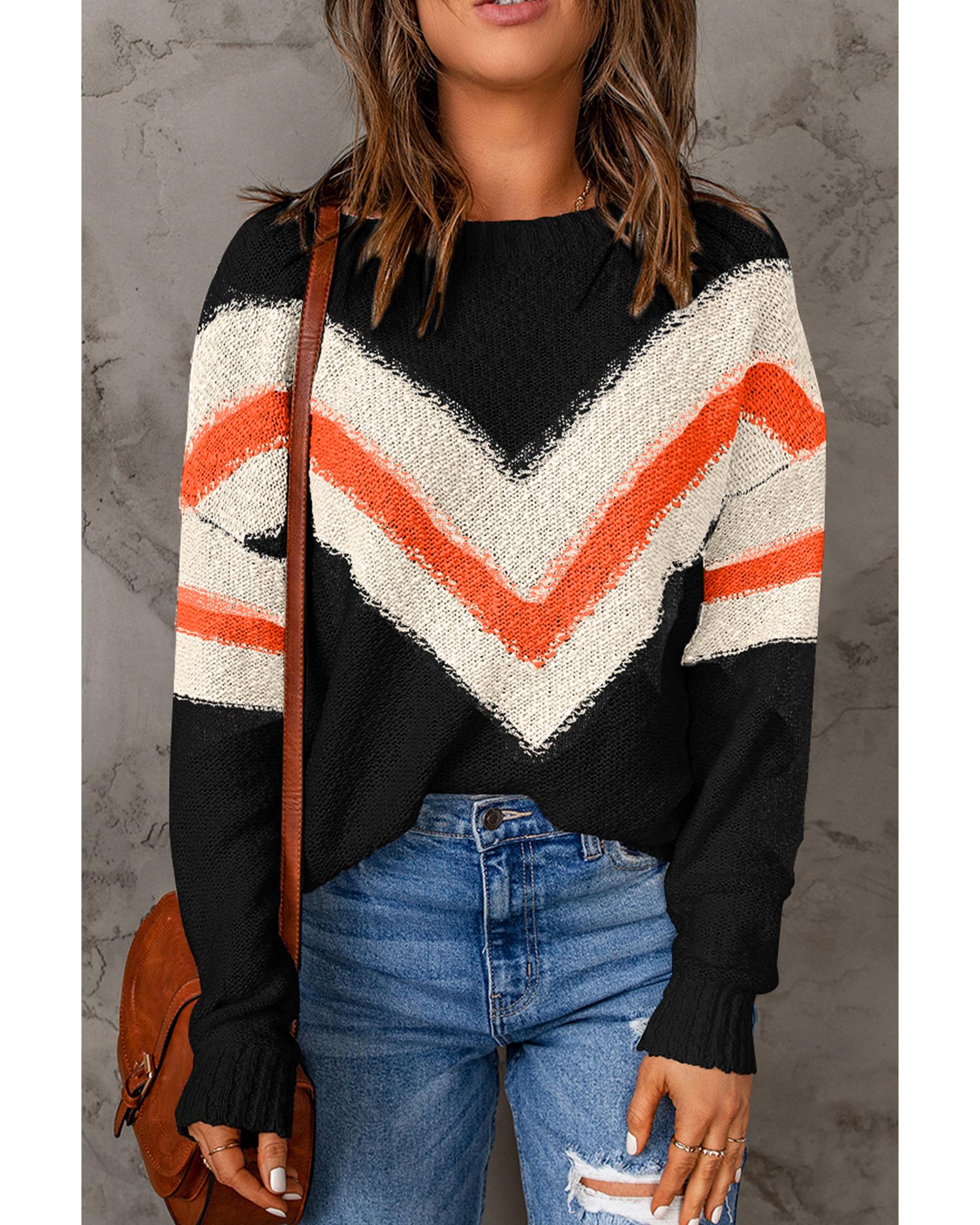 Black Chevron Striped Drop Shoulder Sweater - L