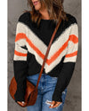 Black Chevron Striped Drop Shoulder Sweater - M