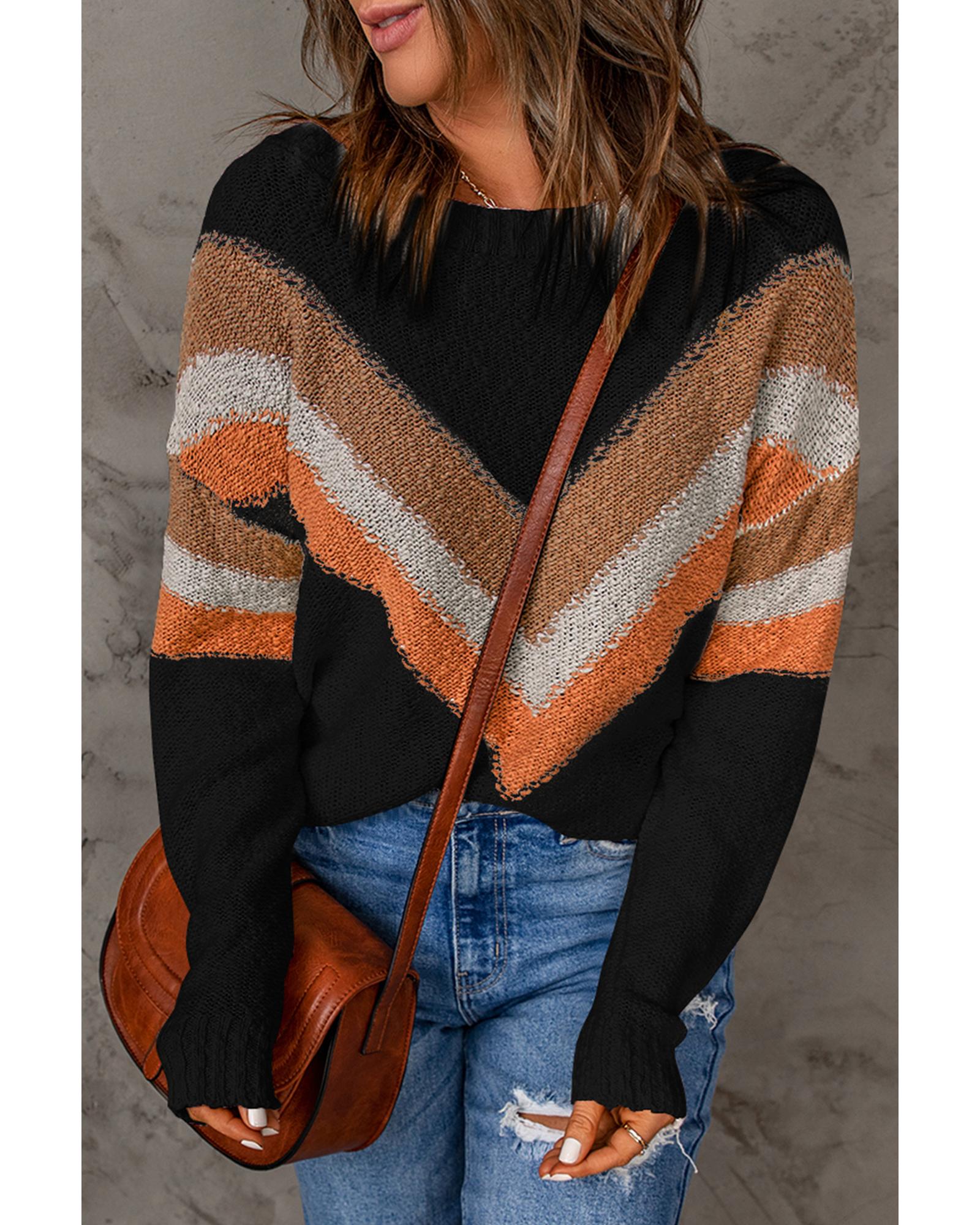 Multicolor Chevron Striped Drop Shoulder Sweater - L