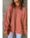 Solid Color Puffy Sleeve Pocketed Sweater - L