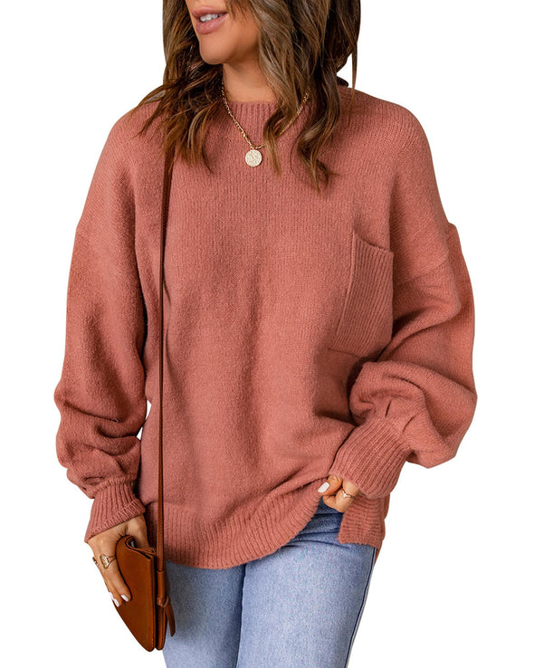 Solid Color Puffy Sleeve Pocketed Sweater - M