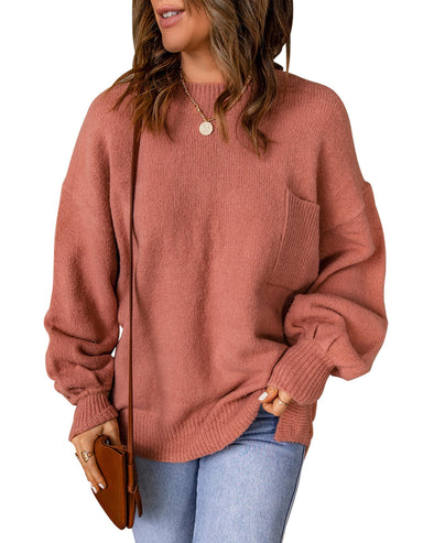 Solid Color Puffy Sleeve Pocketed Sweater - S
