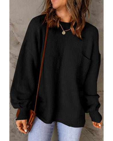 Black Solid Color Puffy Sleeve Pocketed Sweater - S