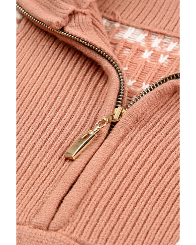 Azura Exchange Pink Geometry Knit Quarter Zip Sweater - XL