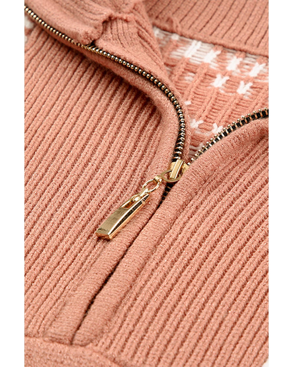 Azura Exchange Pink Geometry Knit Quarter Zip Sweater - XL