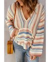 Multicolor Striped Knit Kangaroo Pocket Hooded Sweater - 2XL