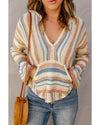 Multicolor Striped Knit Kangaroo Pocket Hooded Sweater - L