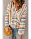 Multicolor Striped Knit Kangaroo Pocket Hooded Sweater - L