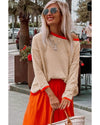 Brown Contrast Trimmed Striped Drop Shoulder Sweater - S