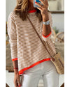 Brown Contrast Trimmed Striped Drop Shoulder Sweater - S