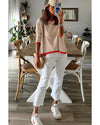 Brown Contrast Trimmed Striped Drop Shoulder Sweater - S