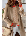Brown Contrast Trimmed Striped Drop Shoulder Sweater - S