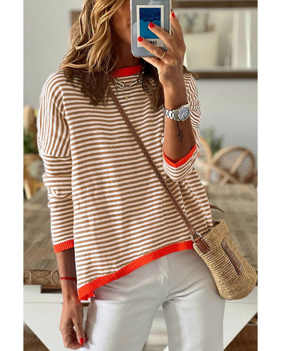 Brown Contrast Trimmed Striped Drop Shoulder Sweater - XL