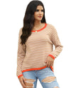 Brown Contrast Trimmed Striped Drop Shoulder Sweater - XL
