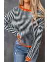 Contrast Trimmed Striped Drop Shoulder Sweater - S