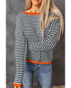 Contrast Trimmed Striped Drop Shoulder Sweater - XL