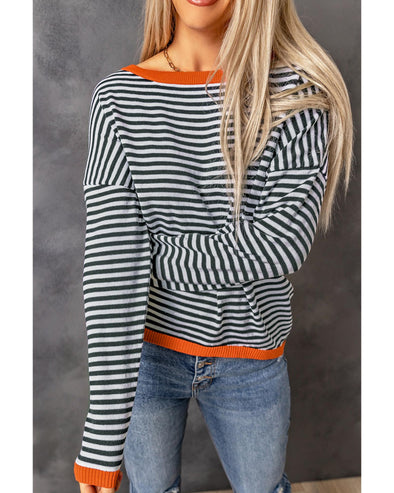 Contrast Trimmed Striped Drop Shoulder Sweater - XL