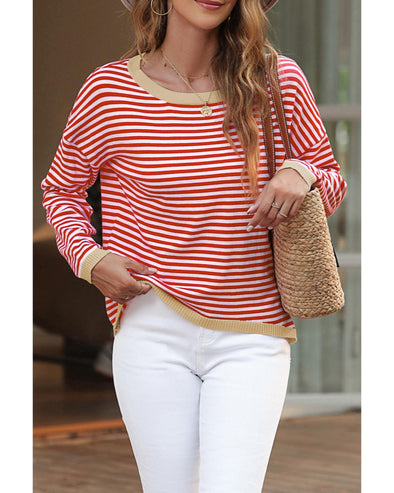 Fiery Red Contrast Trimmed Striped Drop Shoulder Sweater - 2XL