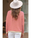 Fiery Red Contrast Trimmed Striped Drop Shoulder Sweater - 2XL