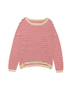Fiery Red Contrast Trimmed Striped Drop Shoulder Sweater - 2XL
