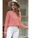 Fiery Red Contrast Trimmed Striped Drop Shoulder Sweater - 2XL