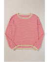 Fiery Red Contrast Trimmed Striped Drop Shoulder Sweater - 2XL