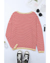 Fiery Red Contrast Trimmed Striped Drop Shoulder Sweater - 2XL