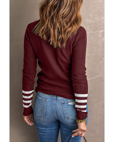 Azura Exchange Red Striped Sleeve Plain Knit Sweater - M