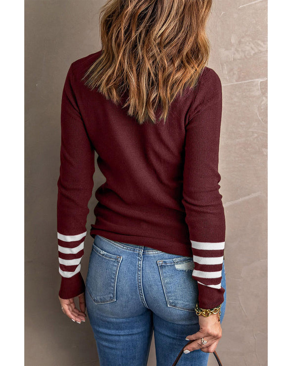 Azura Exchange Red Striped Sleeve Plain Knit Sweater - M