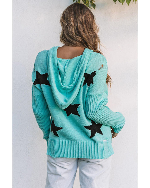 Green V Neck Star Pattern Hooded Sweater with Slits - M