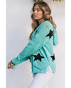 Green V Neck Star Pattern Hooded Sweater with Slits - M